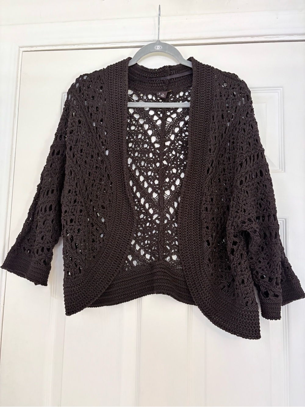 Open Crochet Knit Cropped Cardigan Sweater - Chocolate Brown size XL
